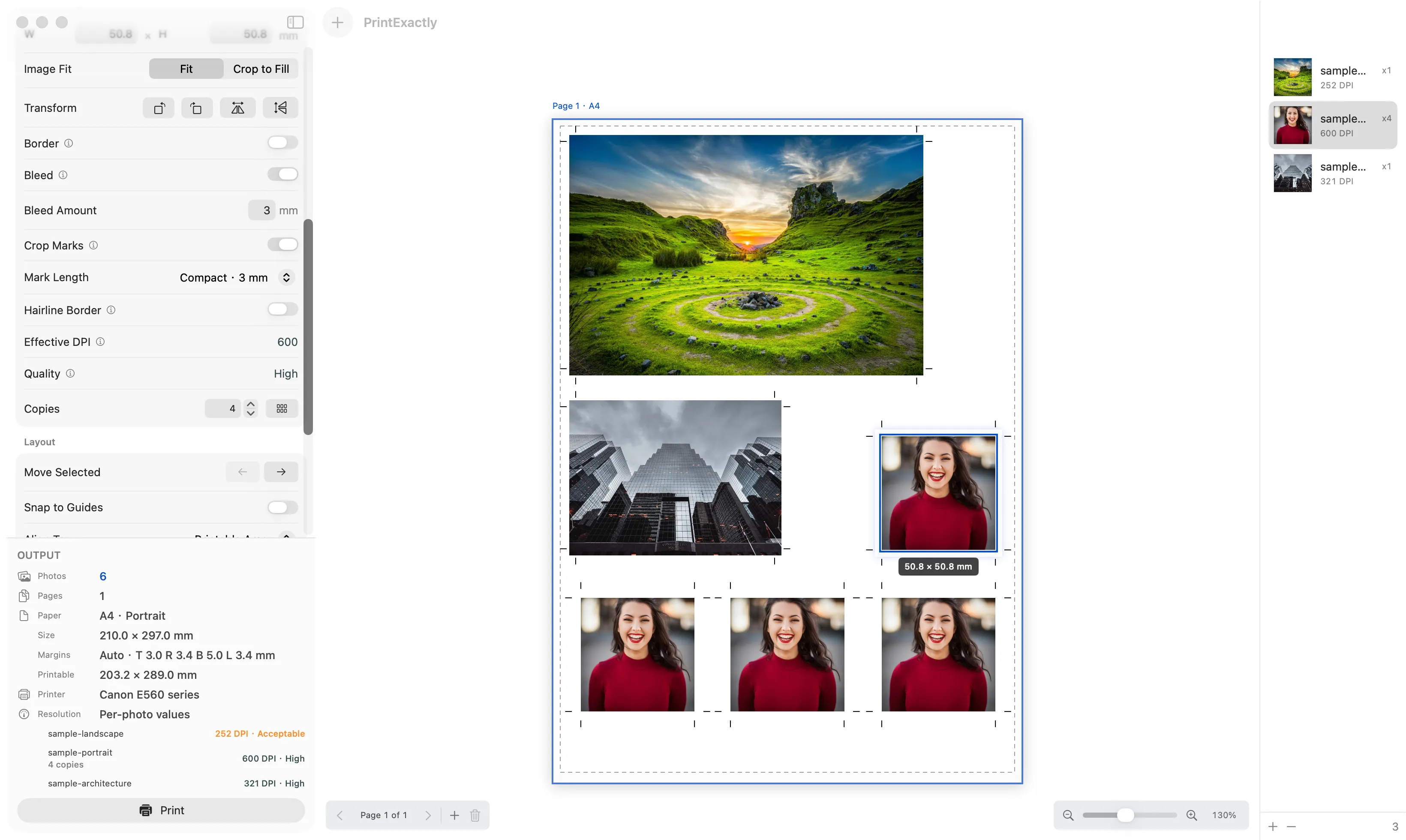 PrintExactly arranging a 4 x 6 landscape, a wallet photo, and four 2 x 2 portraits on one A4 sheet