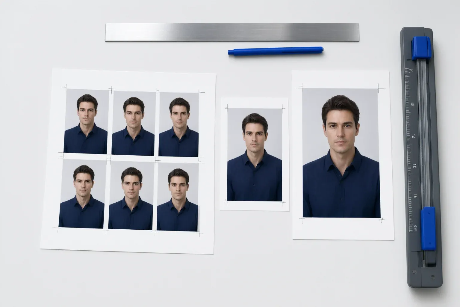 One portrait repeated as wallet and larger package prints with crop marks beside a paper trimmer