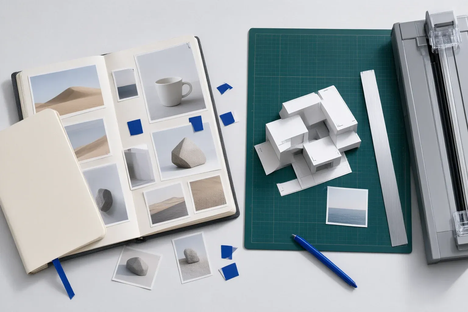 Small landscape and object prints arranged in a scrapbook beside a paper model on a cutting mat